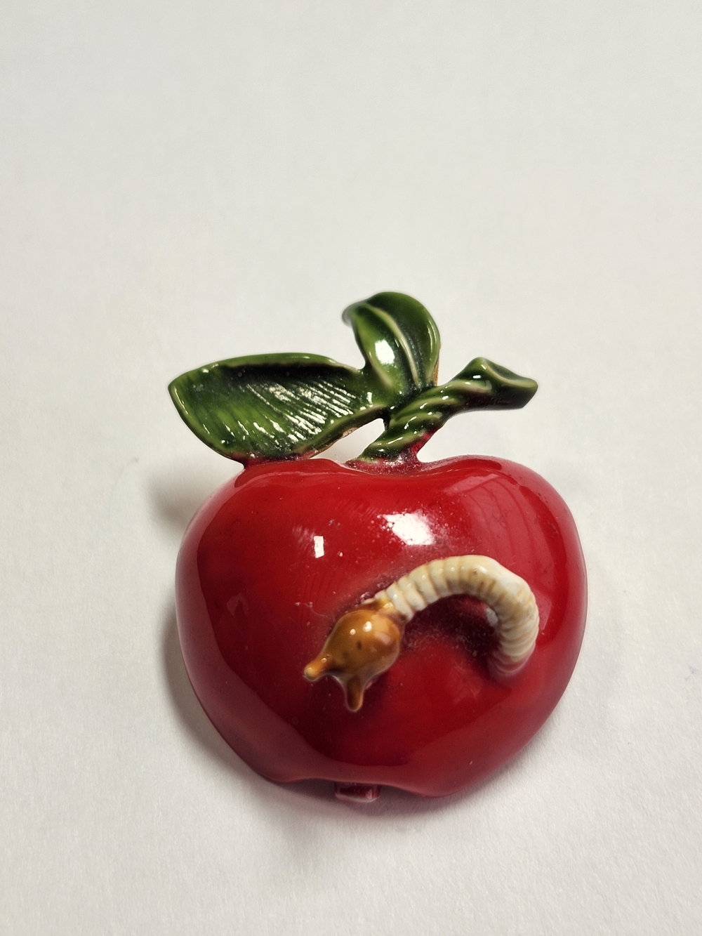 Vintage Apple Enamel Brooch Pin with Worm Signed Original by ROBERT Teacher Gift